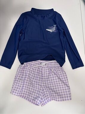 Carter's Toddler Swim Navy Whale Rash Guard with Lavender Gingham Shorts 3T